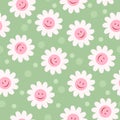 70Ã¢â¬â¢s cute seamless smiling daisy repeat pattern with flowers. Floral hippie pastel vector background.